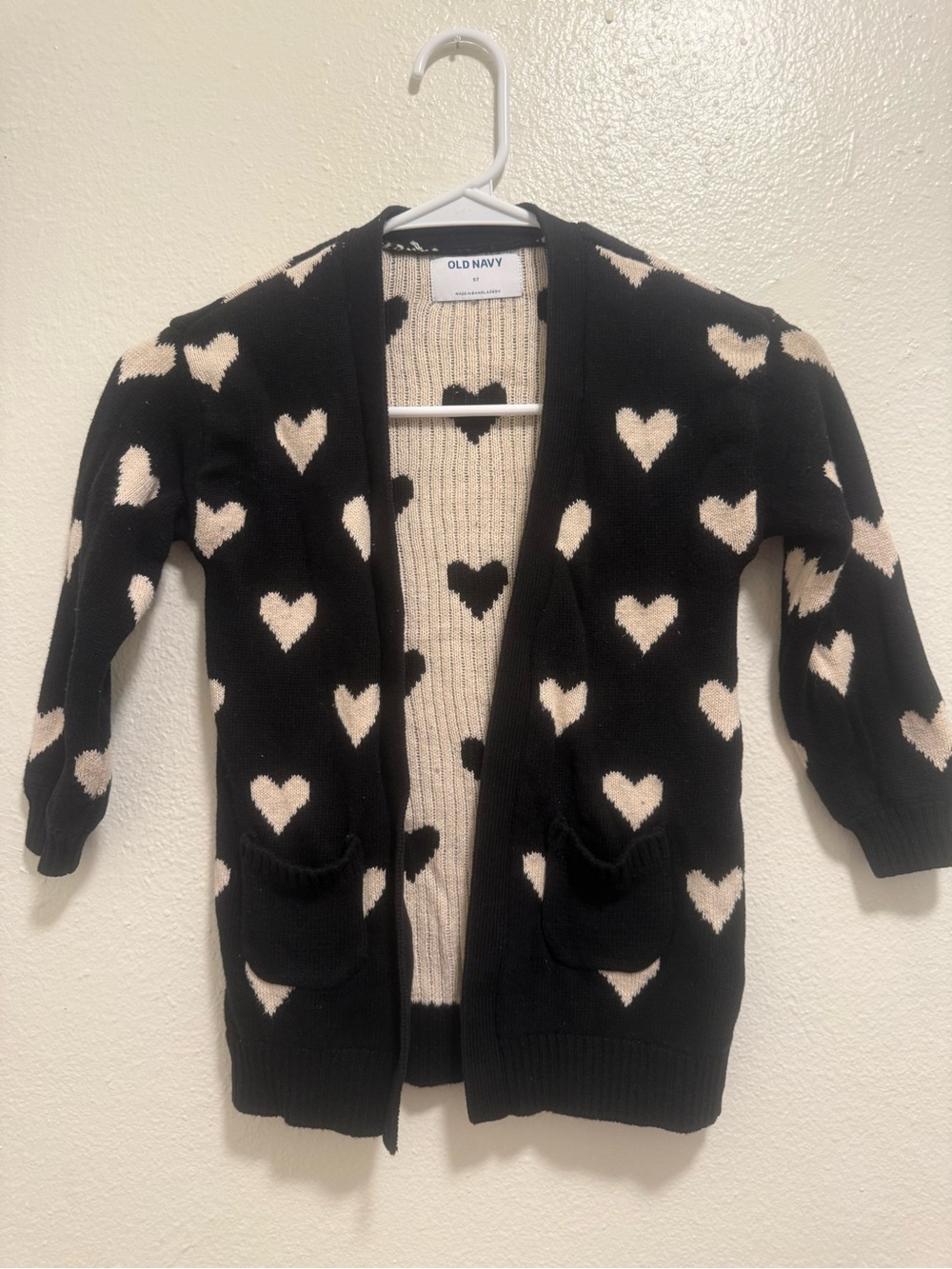Old Navy Black Cardigan with Cream Heart Pattern